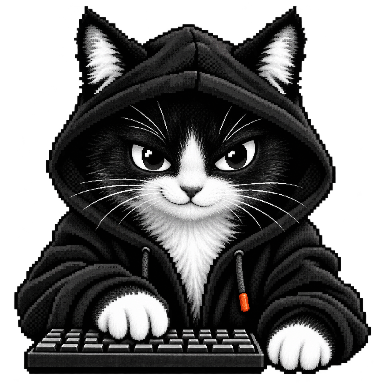 A pixel-textured black-and-white Copycat in a coder hoodie at a keyboard